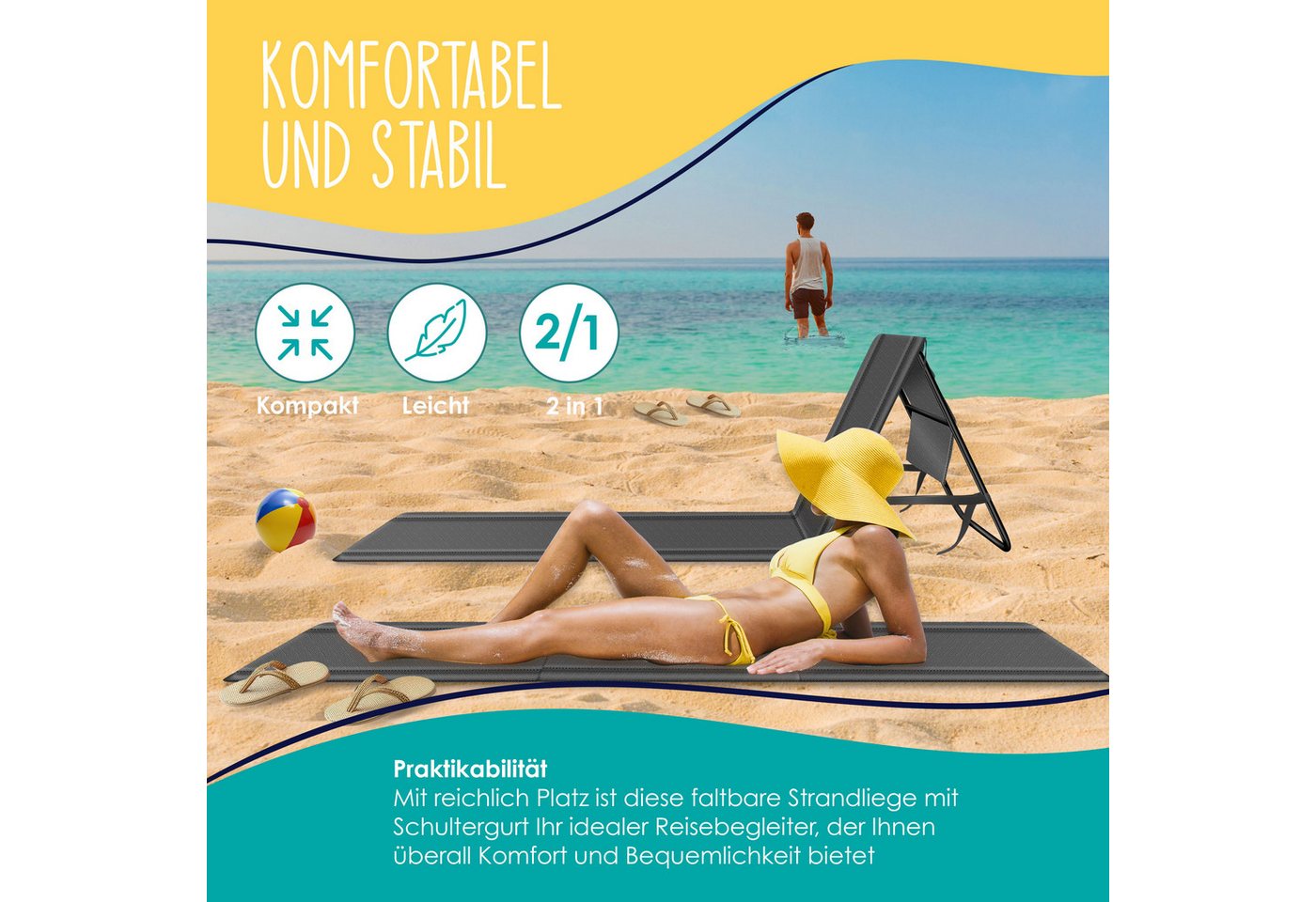 Kesser® Sonnenliege Klappbar, Bis 200 Kg, Verstellbar - 1er, Anthrazit Bild 4