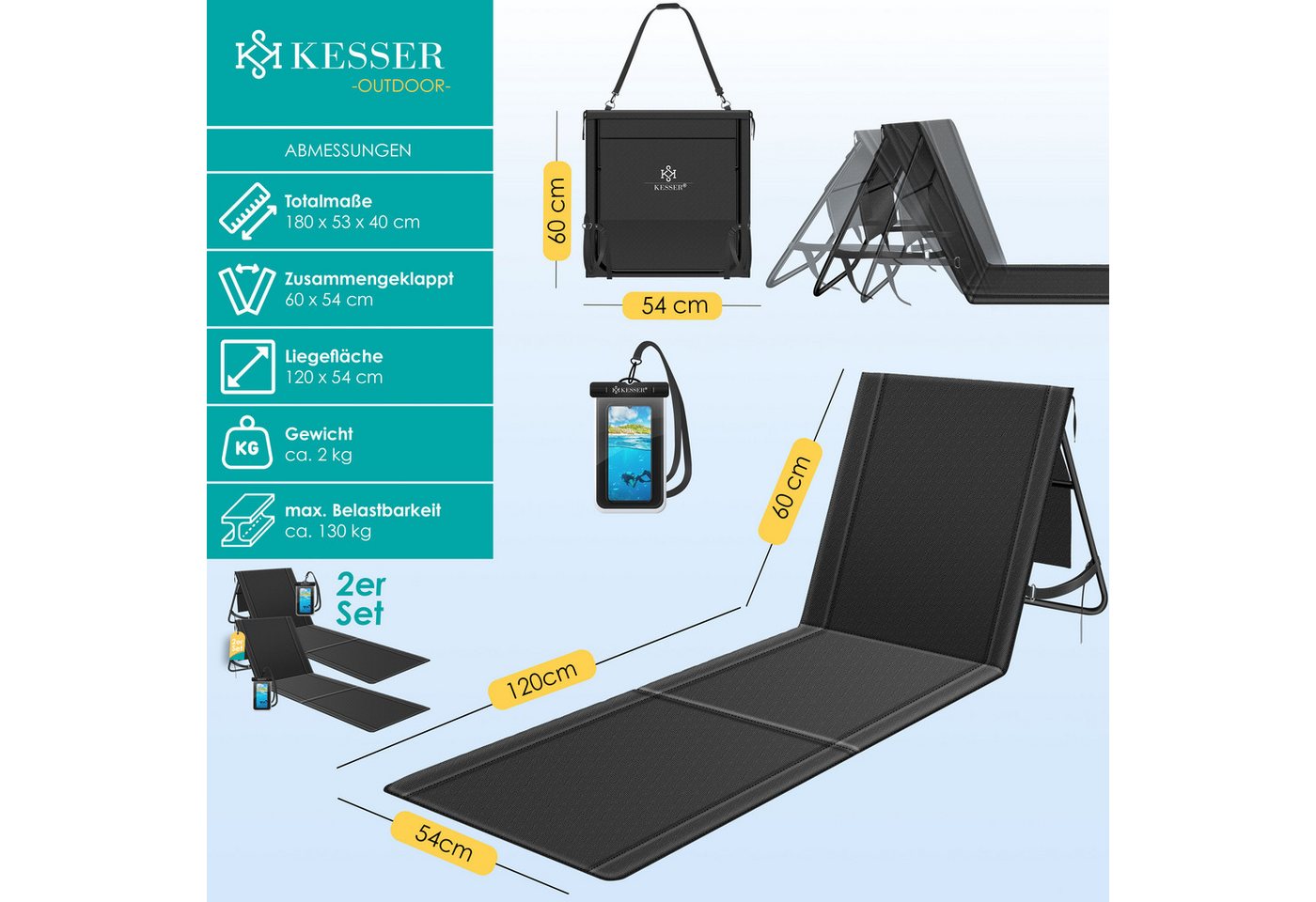 Kesser® Sonnenliege Klappbar, Bis 200 Kg, Verstellbar - 2er Set, Schwarz