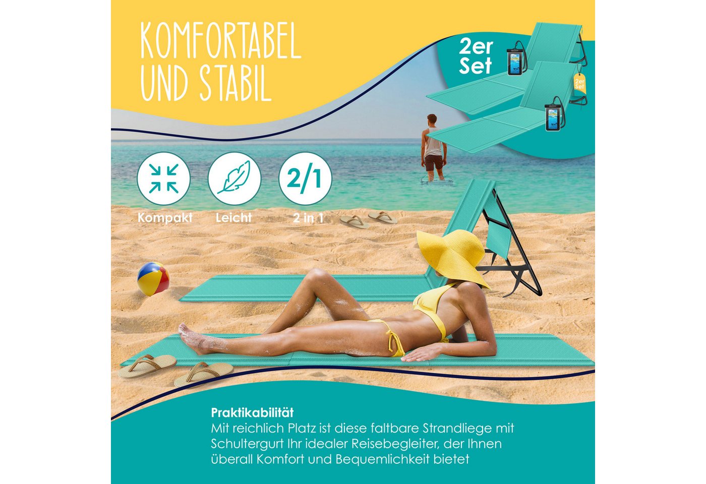 Kesser® Sonnenliege Klappbar, Bis 200 Kg, Verstellbar - 2er Set, Blau