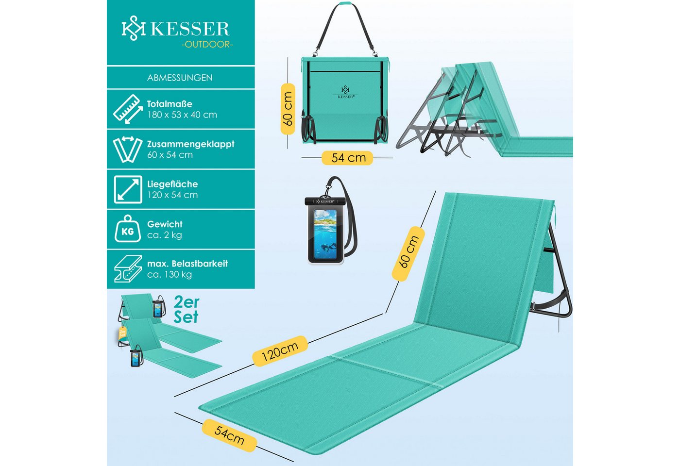 Kesser® Sonnenliege Klappbar, Bis 200 Kg, Verstellbar - 2er Set, Blau Bild 2