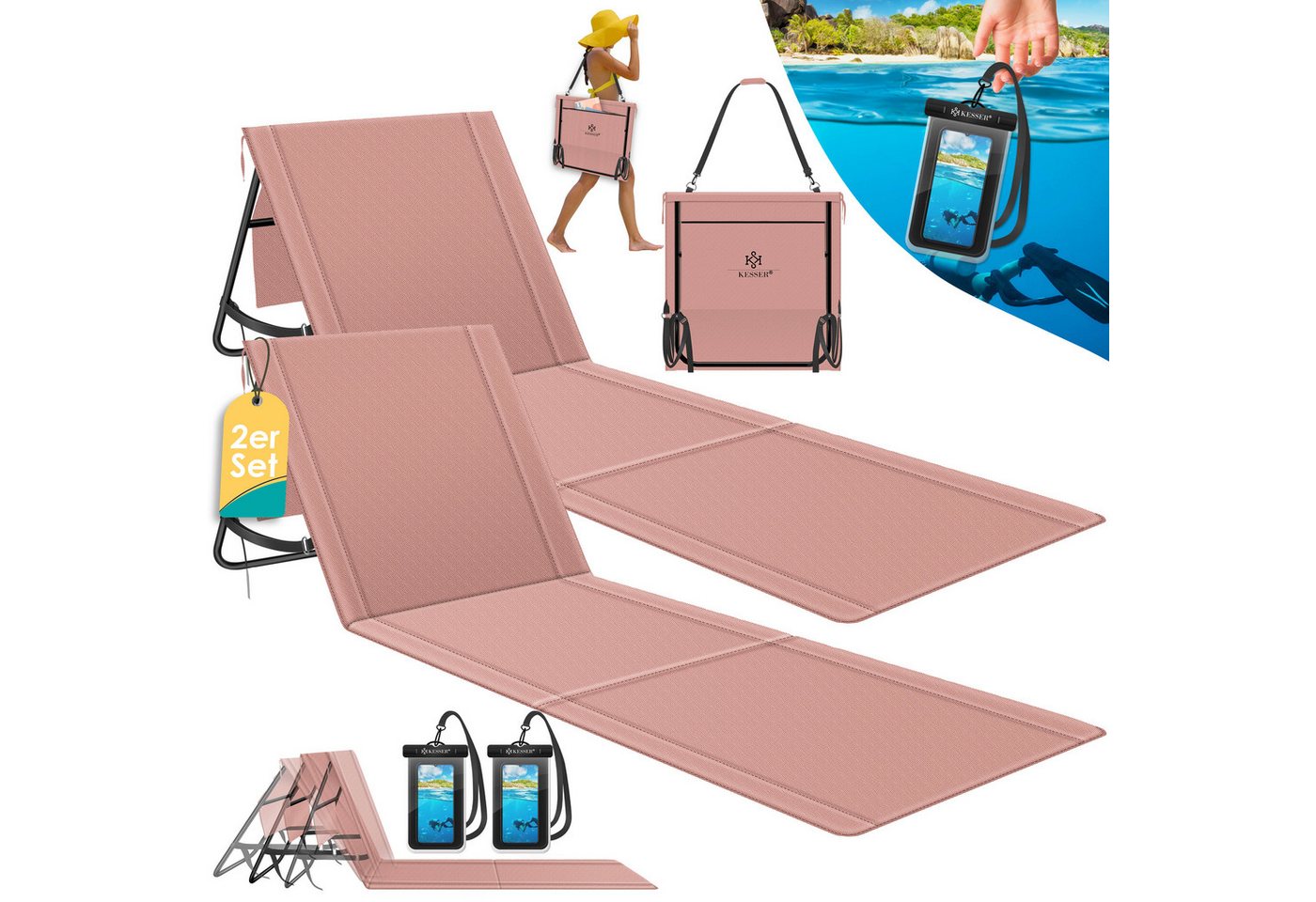 Kesser® Sonnenliege Klappbar, Bis 200 Kg, Verstellbar - 2er Set, Rosa
