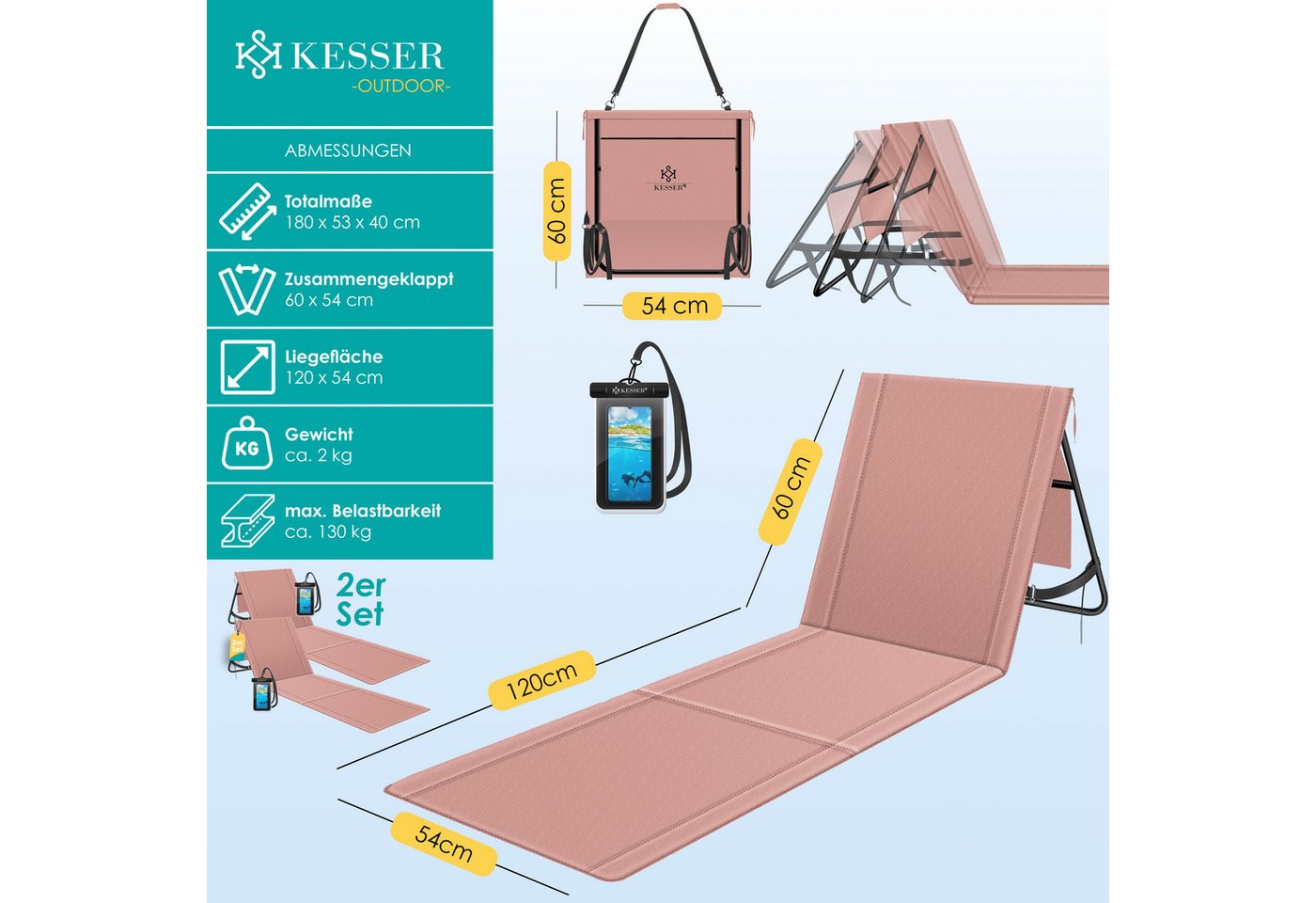 Kesser® Sonnenliege Klappbar, Bis 200 Kg, Verstellbar - 2er Set, Rosa Bild 4