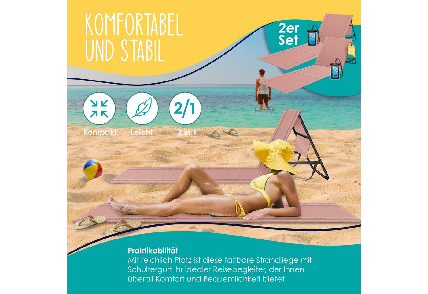Kesser® Sonnenliege Klappbar, Bis 200 Kg, Verstellbar - 2er Set, Rosa Bild 5