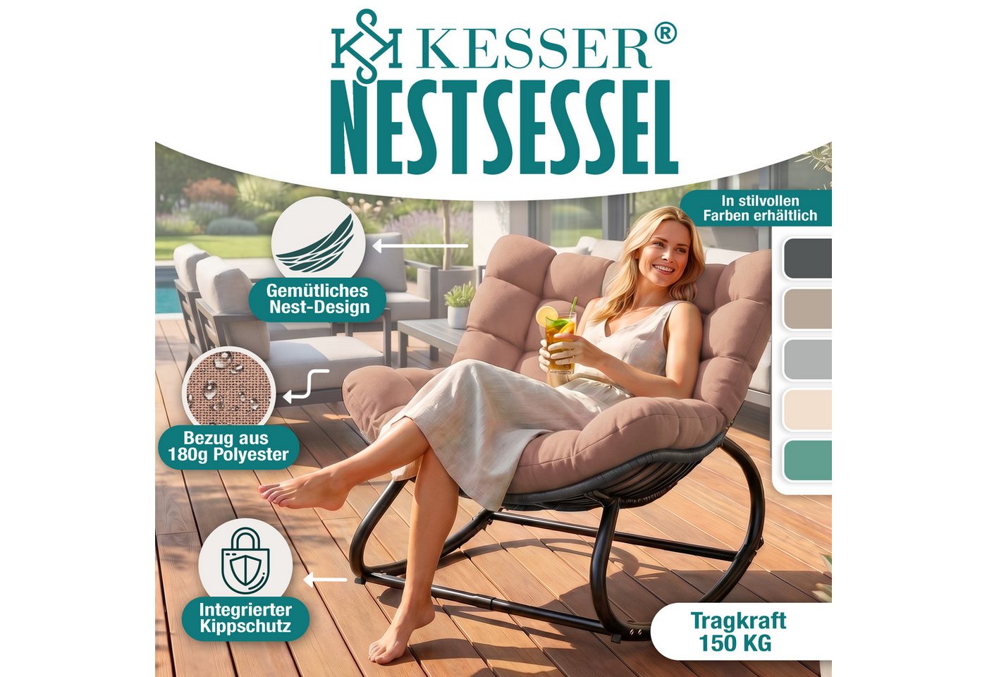 Kesser® Schaukelstuhl Indoor/outdoor, Bis 120 Kg - Xxl Chillexer, Taupe Bild 4