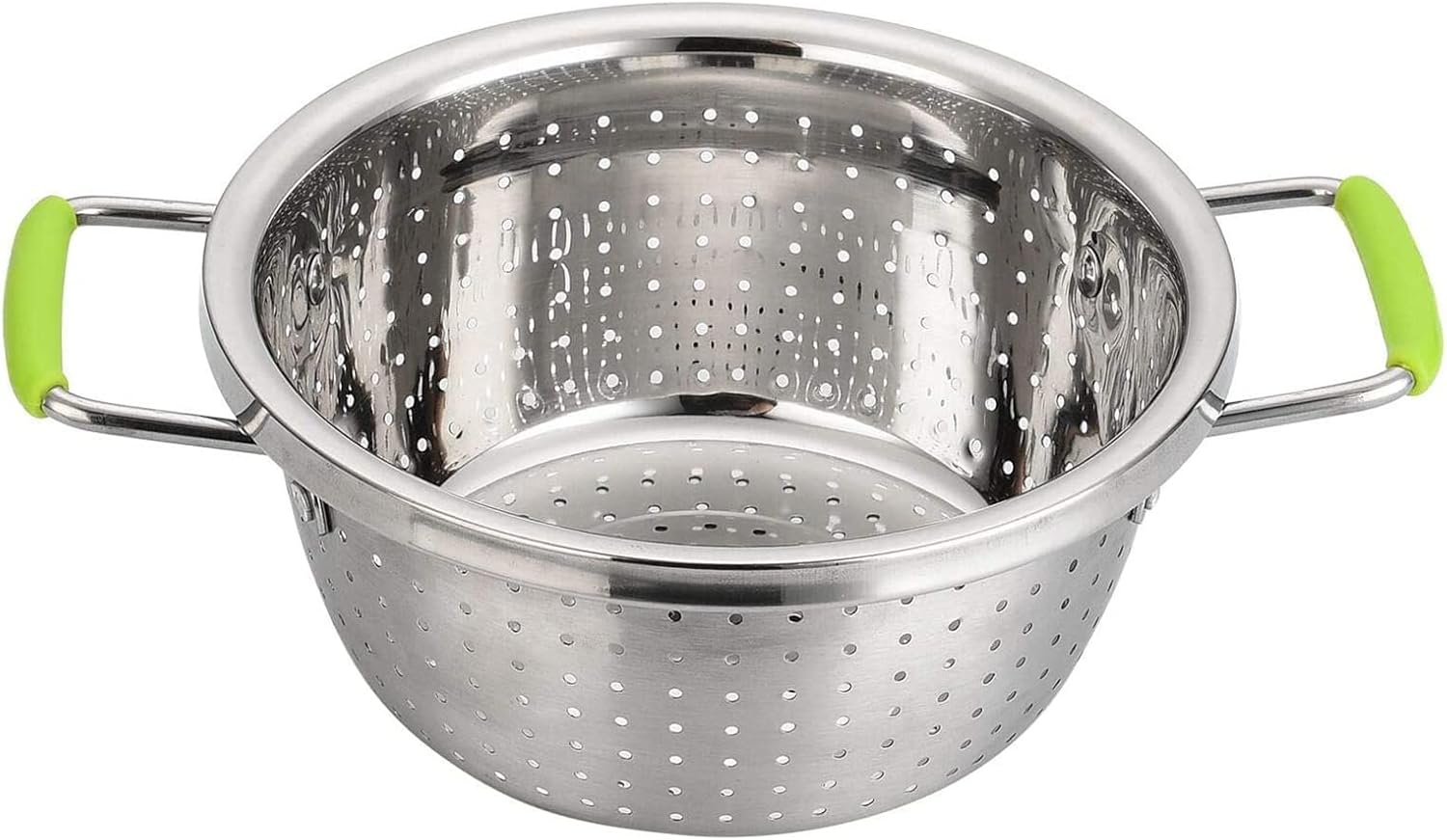 Lochsieb Aus Edelstahl Mit Langem, Grünem Griff – Ideal Zum Kochen Von Pasta, Nudeln, Spaghetti Und Gemüse – Silber – 20,1 Cm