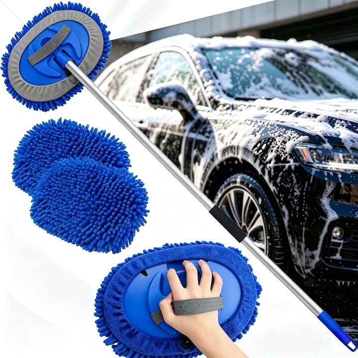 Waschbürste, 2-in-1 Autowaschbürsten-set, Langer Griff Aus Chenille-mikrofaser, Autowaschmopp-set, Autopflege-set, 2 Ersatzköpfe, Kratzfrei, Für Lkw, Wohnmobil, Pkw, Verstellbare Grifflänge, Für Fußbö