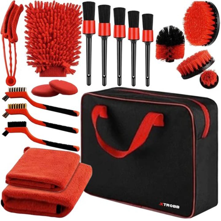 18-teiliges Autopflegeset, Innen- Und Außenreinigung, 4 Bohraufsätze, 5 Bürsten, 3 Bürsten, 1 Professionelles Reinigungstuch, 1 Handschuh, 1 Dreifach-grillbürste, Rot-schwarz