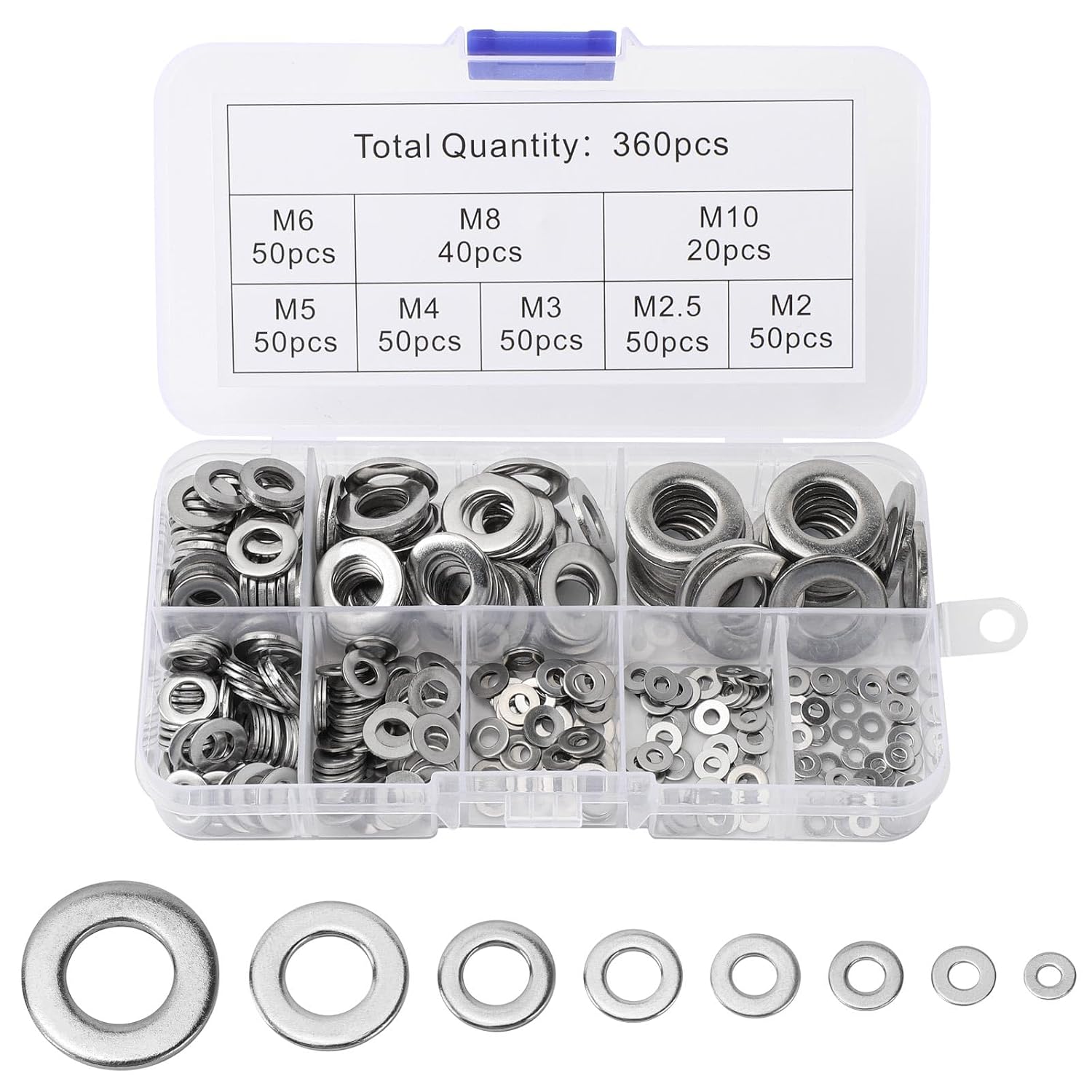 360 Stück Metallscheiben, Edelstahlscheiben, Flache Edelstahlscheiben Mit Aufbewahrungsbox, Unterlegscheiben Für Schrauben, Muttern Und Gewindestangen (m2, M2,5, M3, M4, M5, M6, M8, M10)