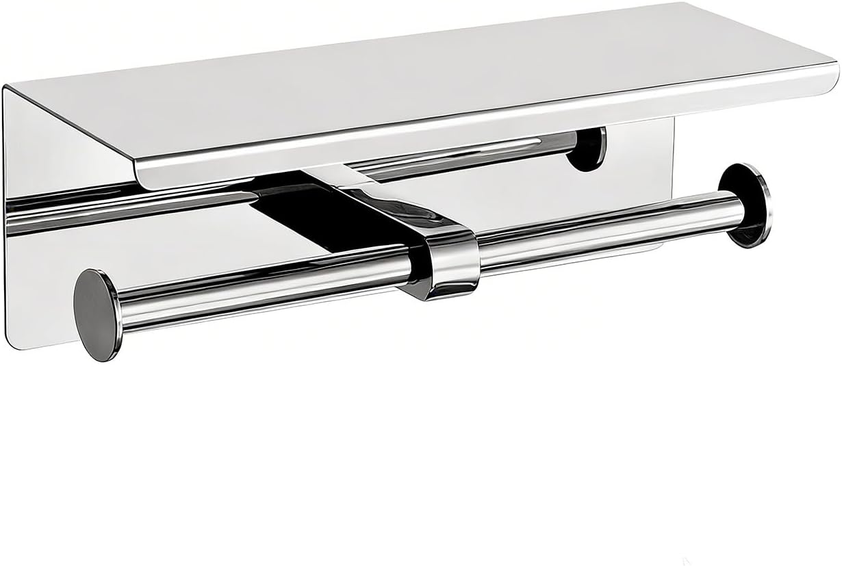 Doppelter Toilettenpapierhalter Mit Ablage, Edelstahlspender Selbstklebender Oder Anschraubbarer Toilettenpapierhalter, Badezimmerrollenhalter, Wandmontage Ohne Bohren, Silber