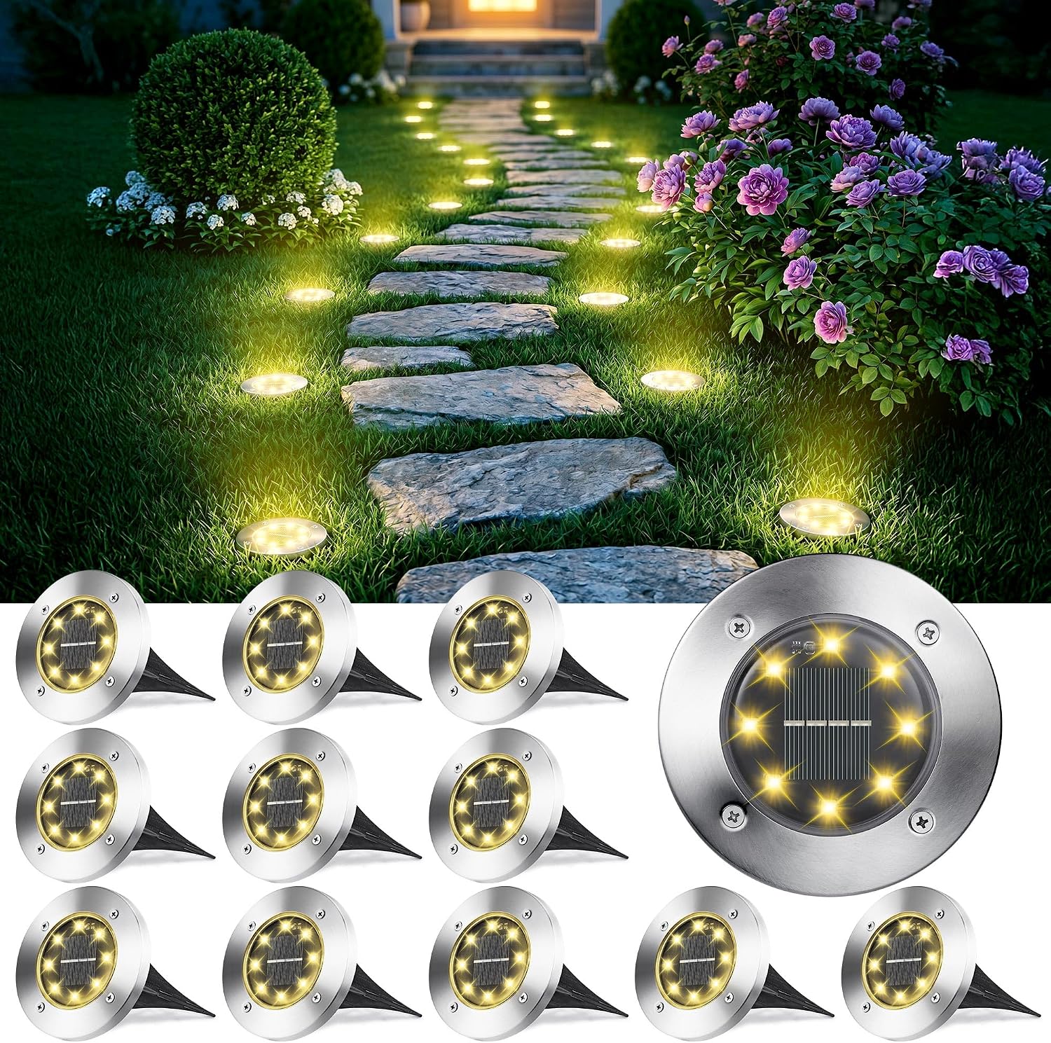12-teiliges Solar-außenleuchten-set, Warmweiße Solar-bodenleuchten 8 Leds 3000k Solar-außenstrahler, Ip65 Wasserdicht, Einbauleuchten Für Wege, Rasenflächen, Terrassen, Höfe [energieklasse A]