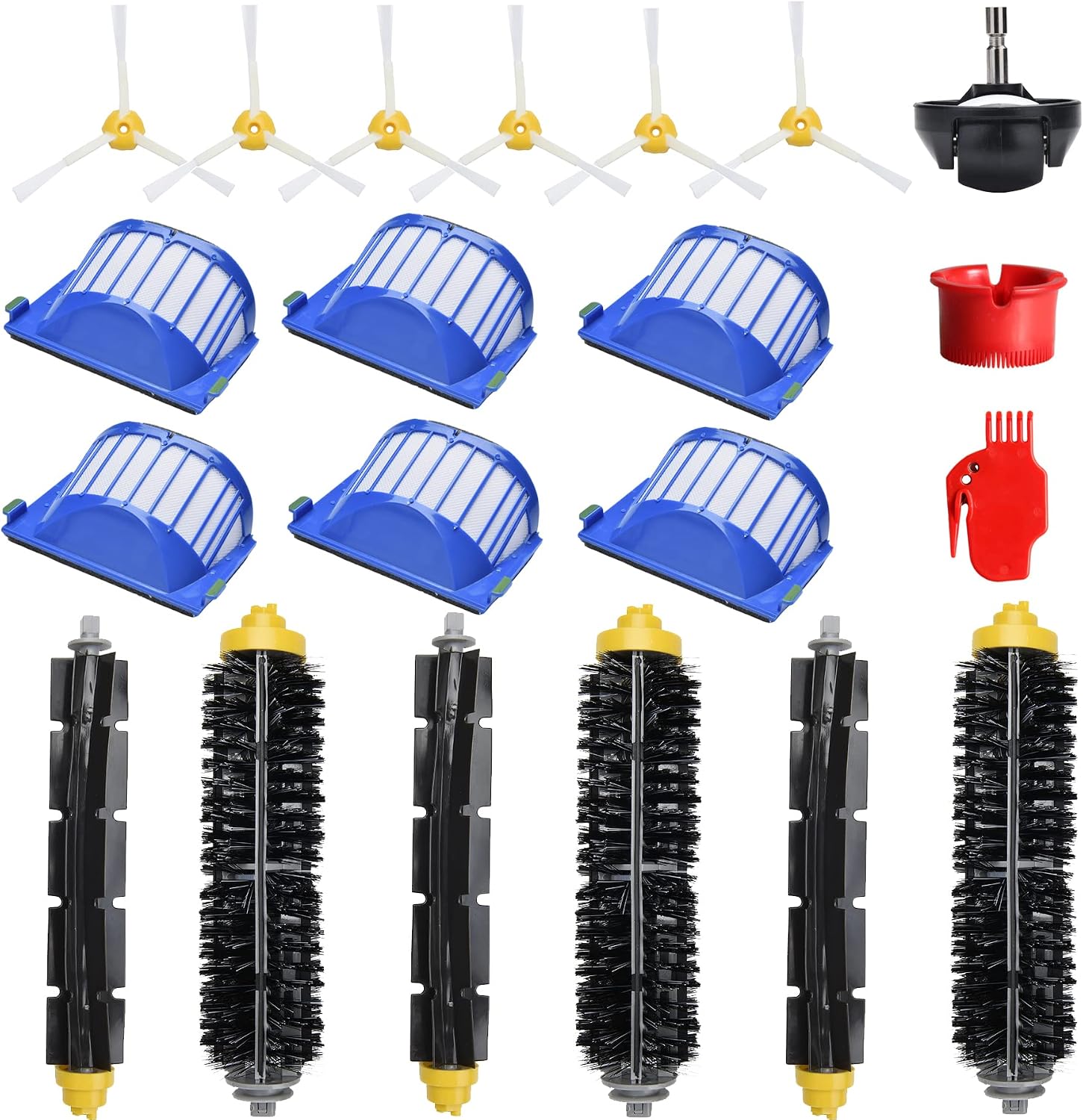 Zubehörset Kompatibel Mit Irobot Roomba 600 Serie 692 694 697 698 671, 6x Seitenbürste, 6x Filter, 6x Hauptwalzenbürste, 2x Reinigungswerkzeuge, 1x Rad
