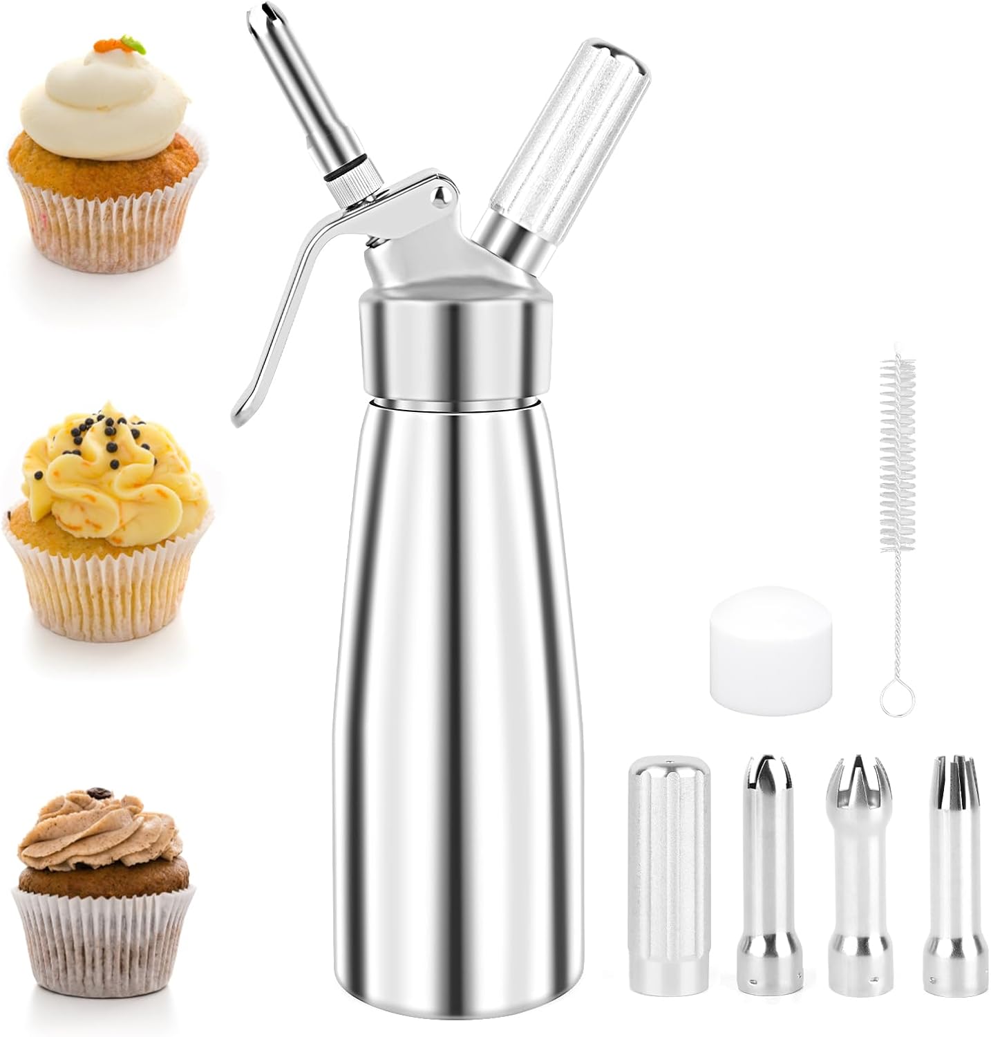 500-ml-sahnespender, Sahnespender Zum Dekorieren Von Kuchen Und Desserts, Sahnespender Aus Aluminium Mit 3 Edelstahldüsen Und 1 Reinigungsbürste, Für Mousses Und Cremes