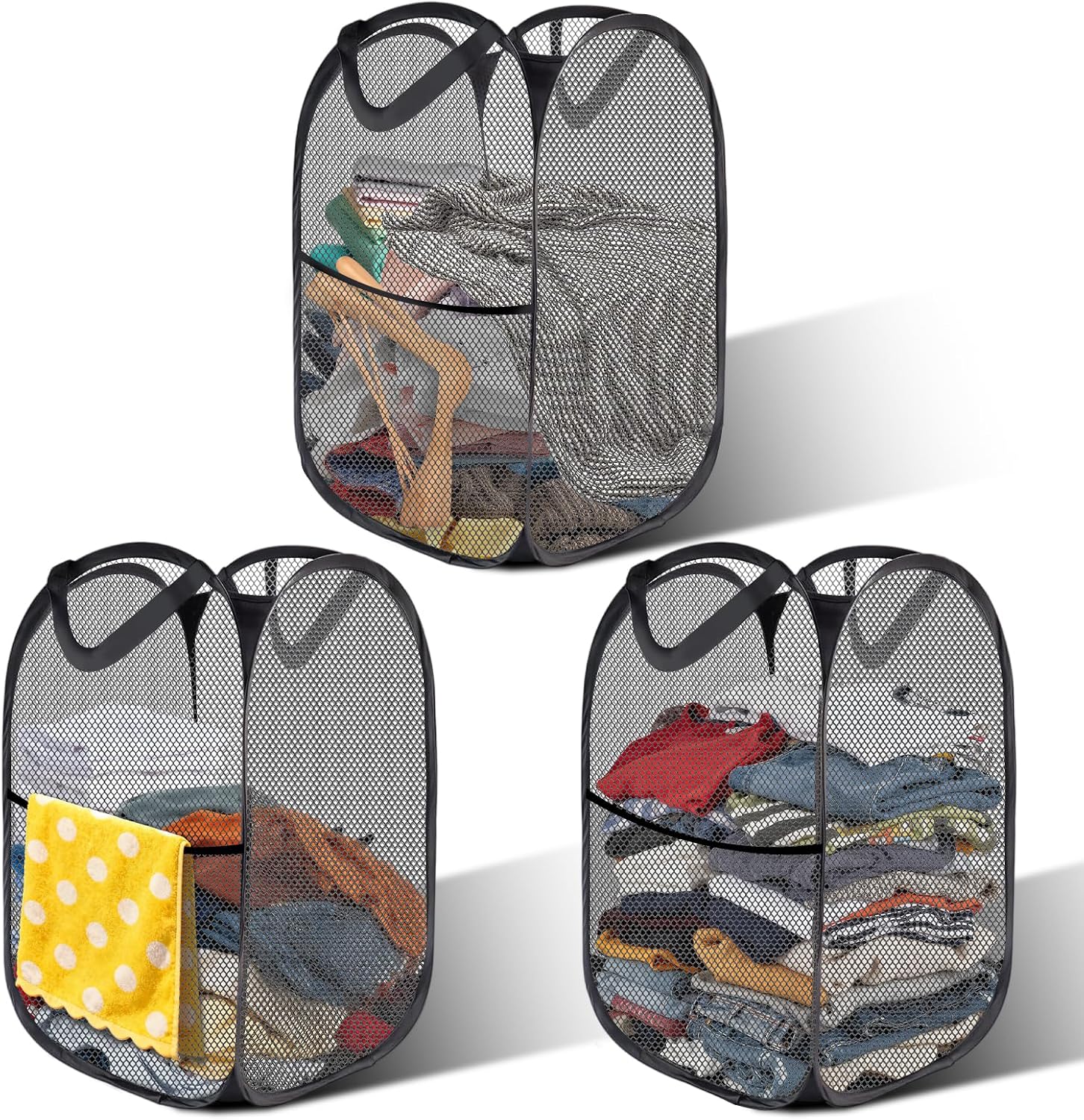 3-teiliger, Faltbarer Wäschekorb Aus Netzgewebe, 36 X 36 X 58 Cm Hemmt Das Bakterienwachstum, Großes Fassungsvermögen Für Ihre Kleidung, Geeignet Fürs Badezimmer