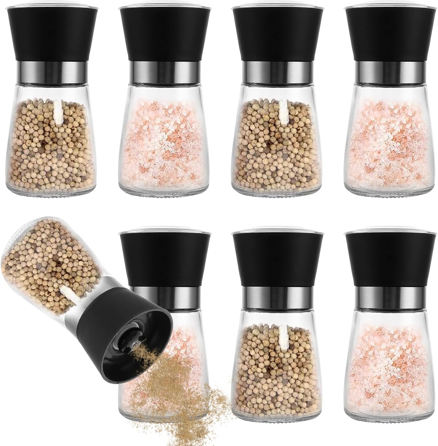 Set Mit 8 Salz- Und Pfeffermühlen Mit Verstellbarem Keramikmahlwerk, Leerer Gewürzmühle Und Keramiksalzmühle, Kleiner Pfeffermühle Aus Glas Und Chilimühle Aus Edelstahl