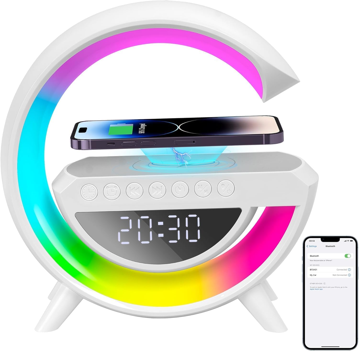 Kabellose Ladelampe Mit Bluetooth-lautsprecher, 5-in-1 Multifunktionslampe Mit Rgb-nachtlicht, Digitalwecker Und Handy-ladestation, Für Schlafzimmer, Camping Und Homeoffice