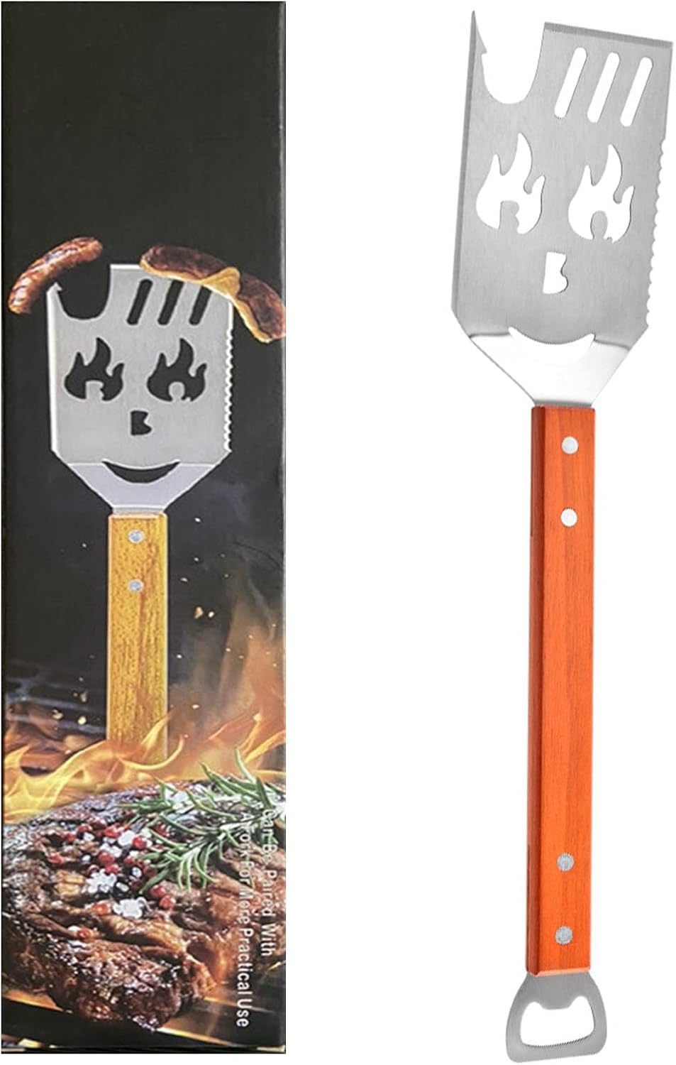 Grillzubehör - 7-in-1-grillwender Für Bbq, Grillbesteck Aus Edelstahl Mit Holzgriff, Einzigartige Und Kreative Grillwerkzeuge, Messer Und Gabel, Säge, Flaschenöffner.