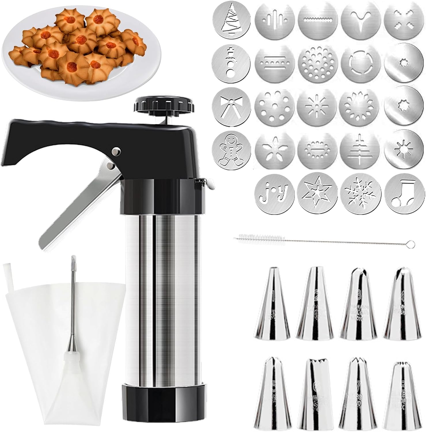 Professionelle Spritzpistole, Spritztülle Aus Edelstahl, Keksmaschine Mit 16 Schablonen, 8 Tüllen, Spritzbeutel Mit Rahmen Und Reinigungsbürste Für Kuchen Und Kekse