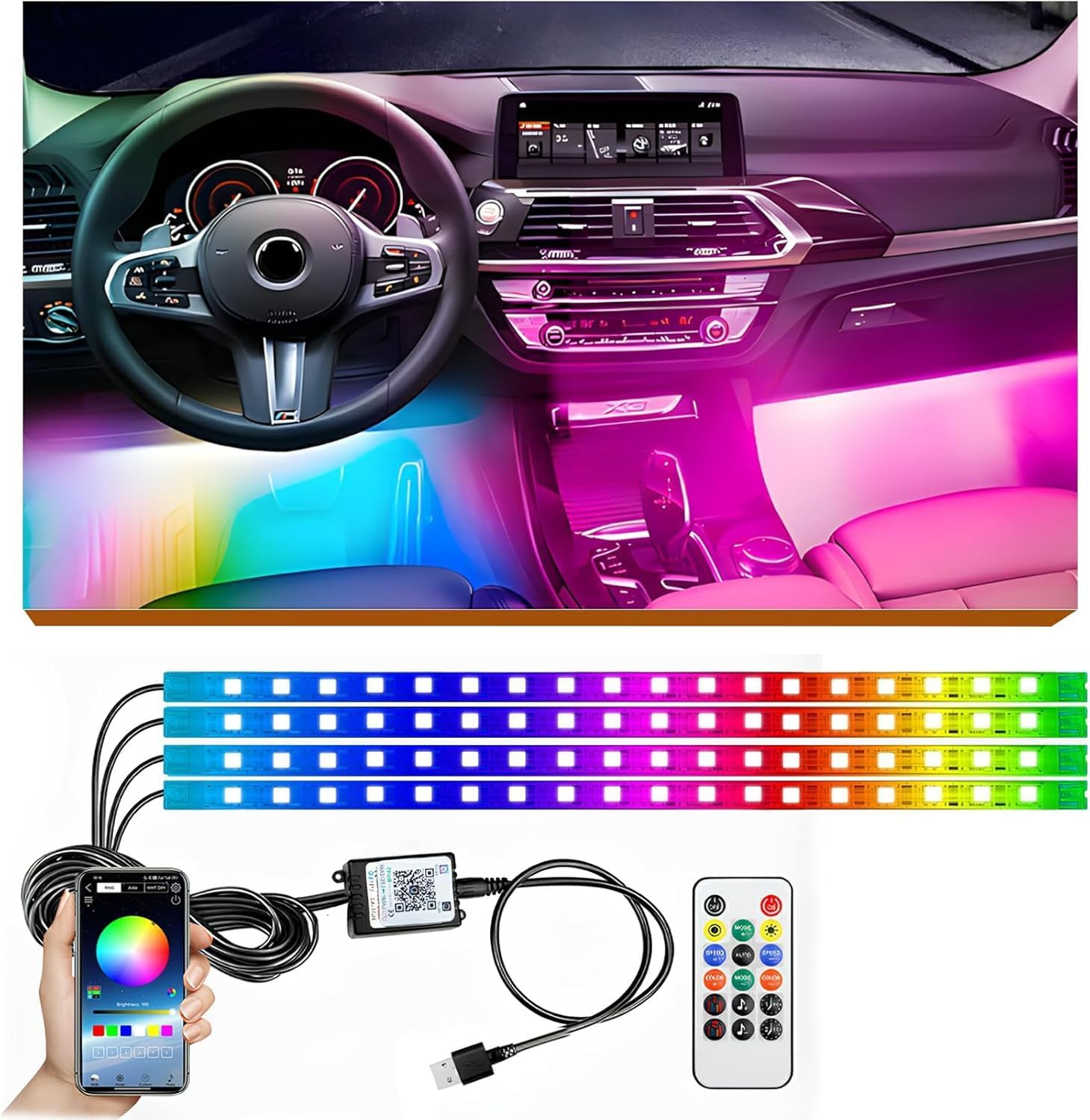 Led-innenraumbeleuchtung Für Autos, Usb-innenraumbeleuchtung Für Autos, Led-streifen, Mehrfarbige Dekorationsbeleuchtung, Neon-musiklichtleiste Für Auto-tv, 72 Streifen, App-steuerung
