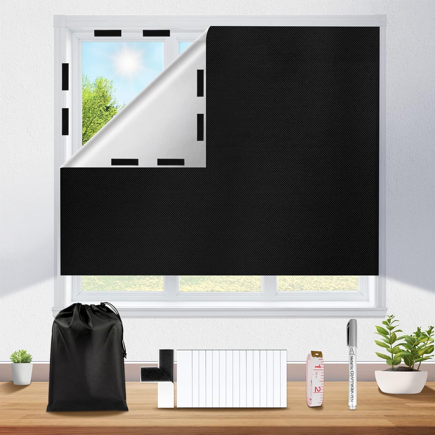 Verdunkelungsrollo Ohne Bohren, 200 X 148 Cm, Thermorollo Mit Klettverschluss, Wärmeisolierendes Gewebe, Blickdichter Innenvorhang Für Dachfenster, Schlafzimmer, Büro, Reisen, Wohnwagen, Schwarz