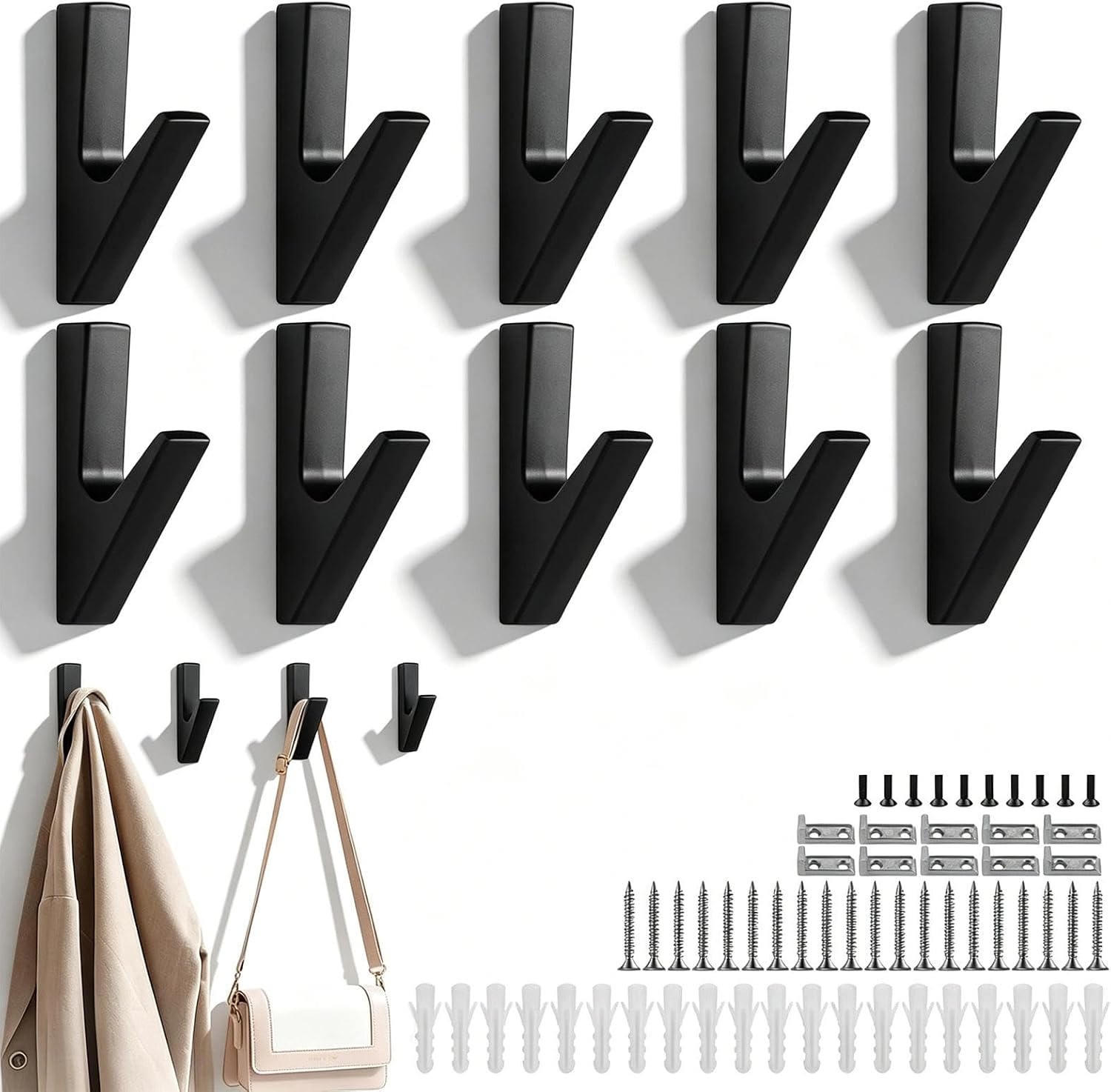10 Schwarze Wandgarderobenleisten – Aluminium-wandhaken, V-förmig, Inklusive Schrauben Und Dübeln – Für Badezimmer, Küche, Flur, Wohnzimmer