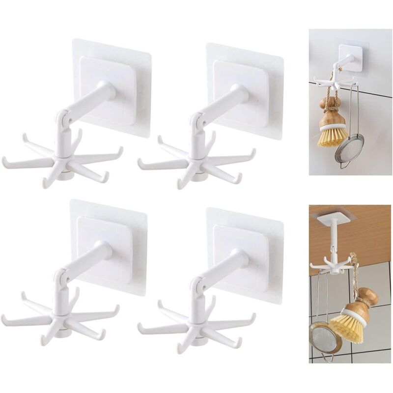 Drehbare Haken, Bohrfreie Küchenutensilienhaken, Küchenutensilienhalter Mit 6 Haken, Küchenutensilienzubehör, 4er-set (weiß)
