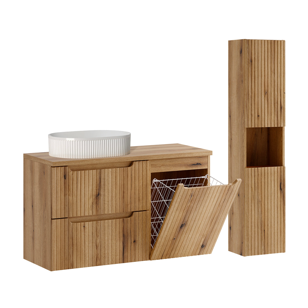 Waschtisch-set Mit Einzelwaschbecken (100 Cm), Wäschekorb Und Hochschrank „riva Bois