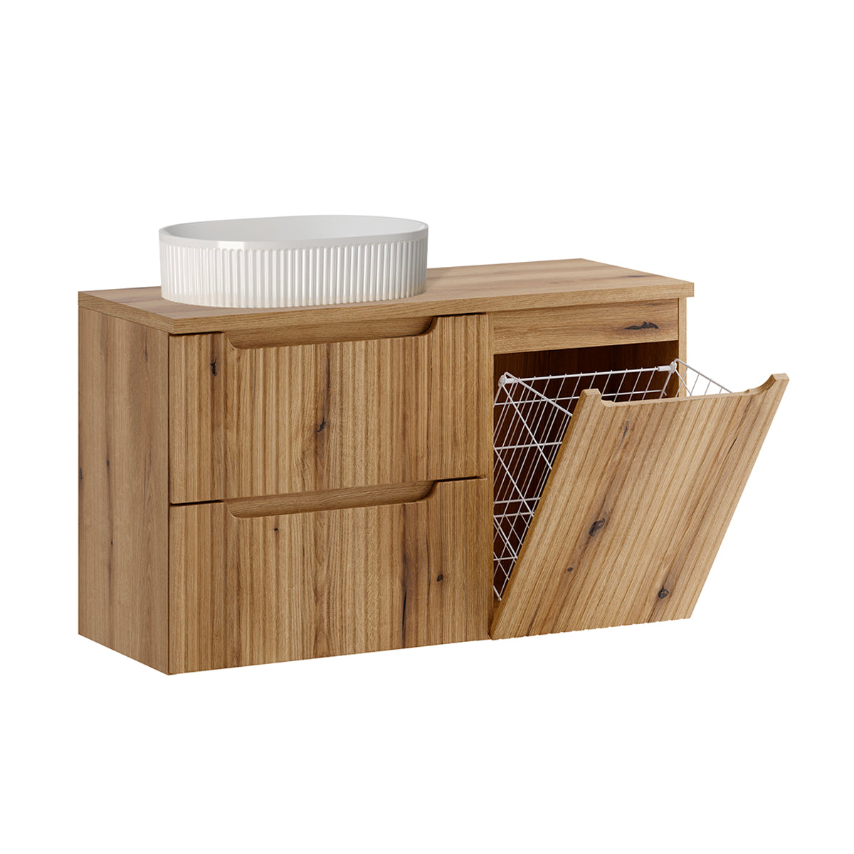 Waschtischunterschrank Für Einzelwaschbecken, 100 Cm, Mit Wäschekorb, Riva Holz