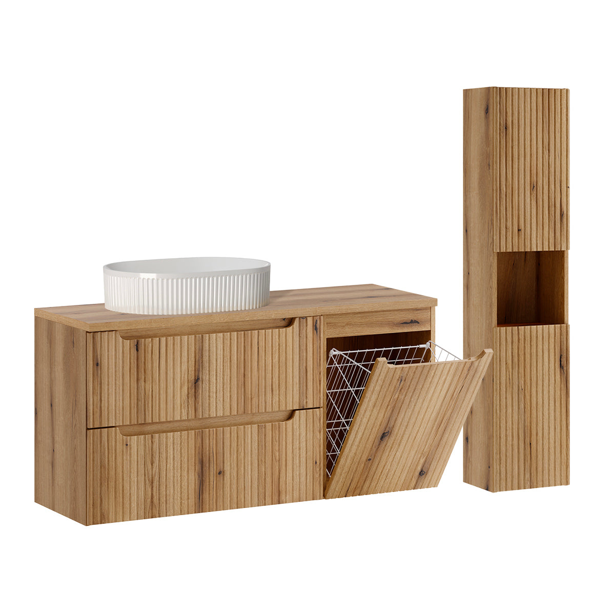 Waschtisch-set Mit Einzelwaschbecken (120 Cm), Wäschekorb Und Hochschrank „riva Bois
