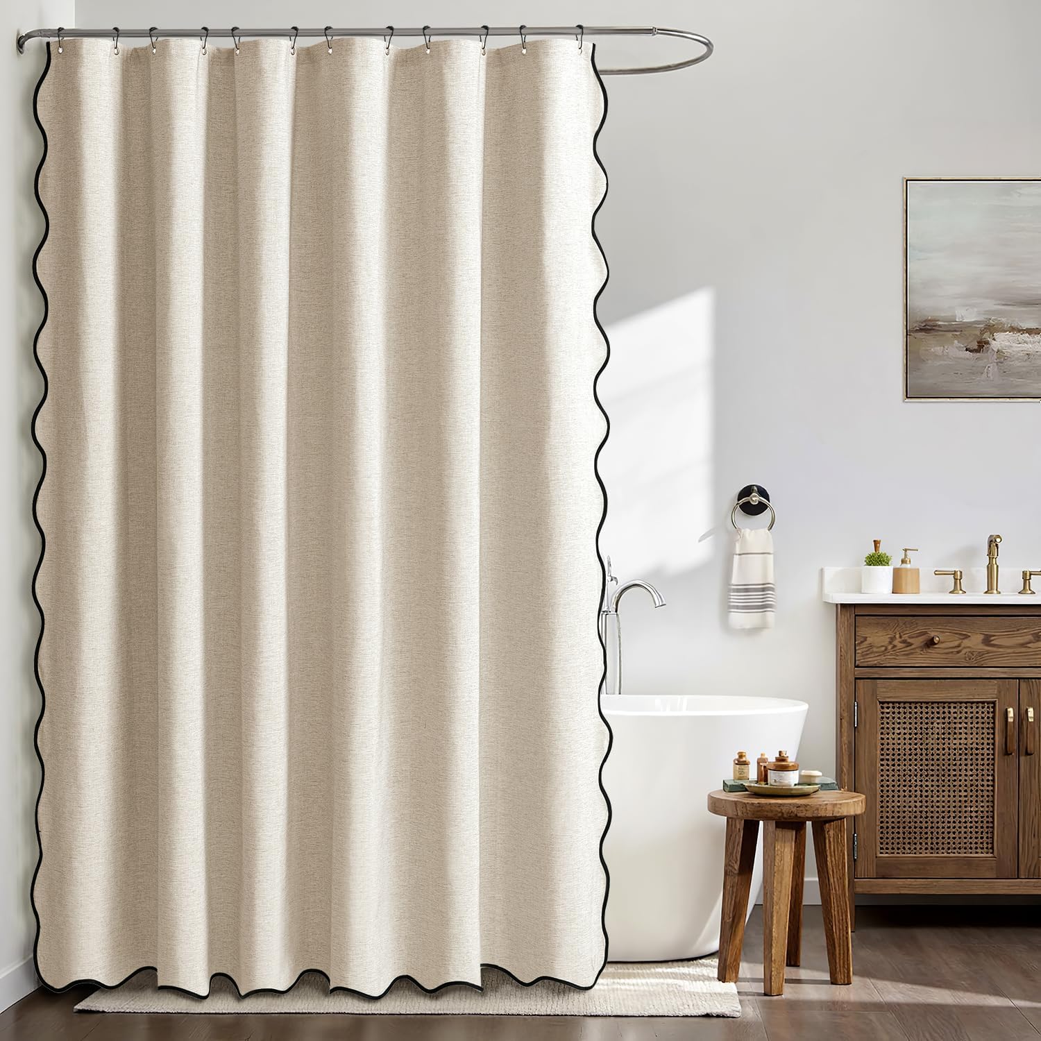 Strukturierter, Gewellter Duschvorhang Aus Leinen, 180 X 200 Cm, Beige, Luxuriöser, Wasserdichter Duschvorhang, Schimmelresistenter, Waschbarer Stoff Für Badezimmer, Inklusive 12 Metallhaken.