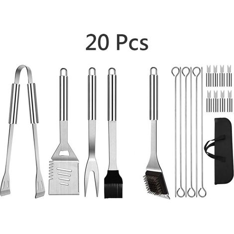 Coavas – 20-teiliges Grillbesteck-set Aus Edelstahl – Zange, Pfannenwender, Spieße, Tragetasche – Camping- Und Picknickzubehör – 20-teilig
