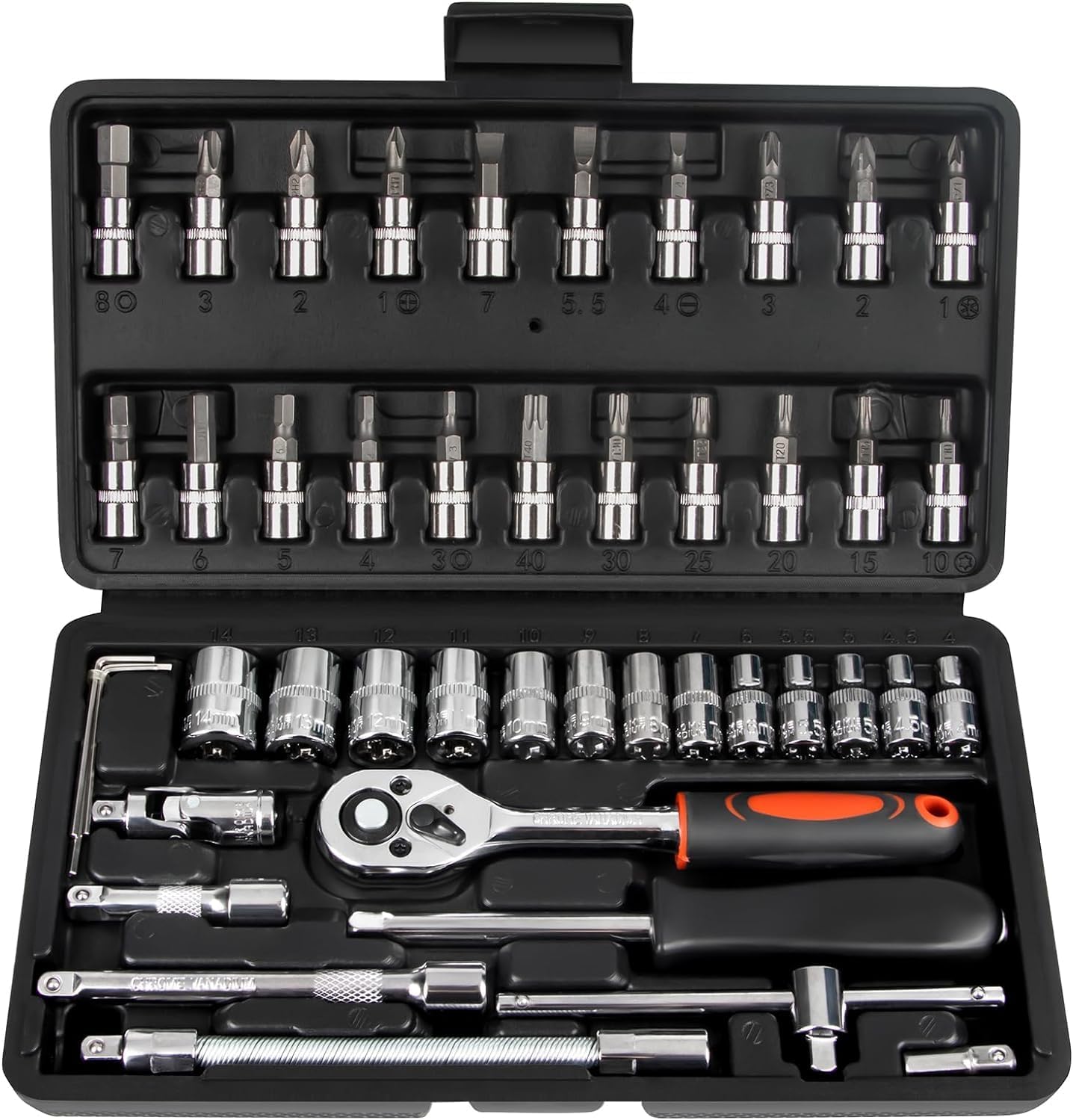 45-teiliges 1/4-zoll-ratschen-steckschlüssel-set Mit Bits, Metrischen Steckschlüsseln Und Verlängerung Für Auto-, Fahrrad-, Motorrad- Und Haushaltsreparaturen, Inklusive Schwarzem Aufbewahrungskoffer.