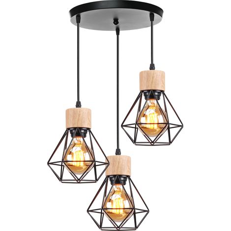 Stoex – Vintage-industrie-pendelleuchte Mit 3 Leuchten – E27-fassung, Diamantkäfig Aus Eisen Und Holz – 15,5 Cm Schirm – 100 Cm Verstellbares Kabel – Schwarz