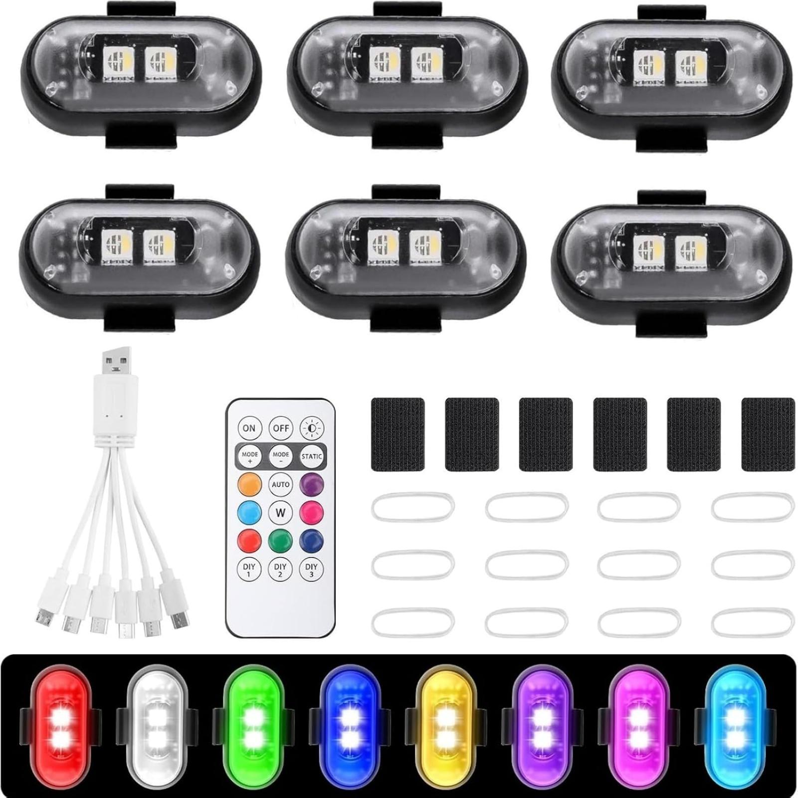 6 Stück Kabellose Led-autolichter, 8 Farben, Stroboskop, Usb-drohne
