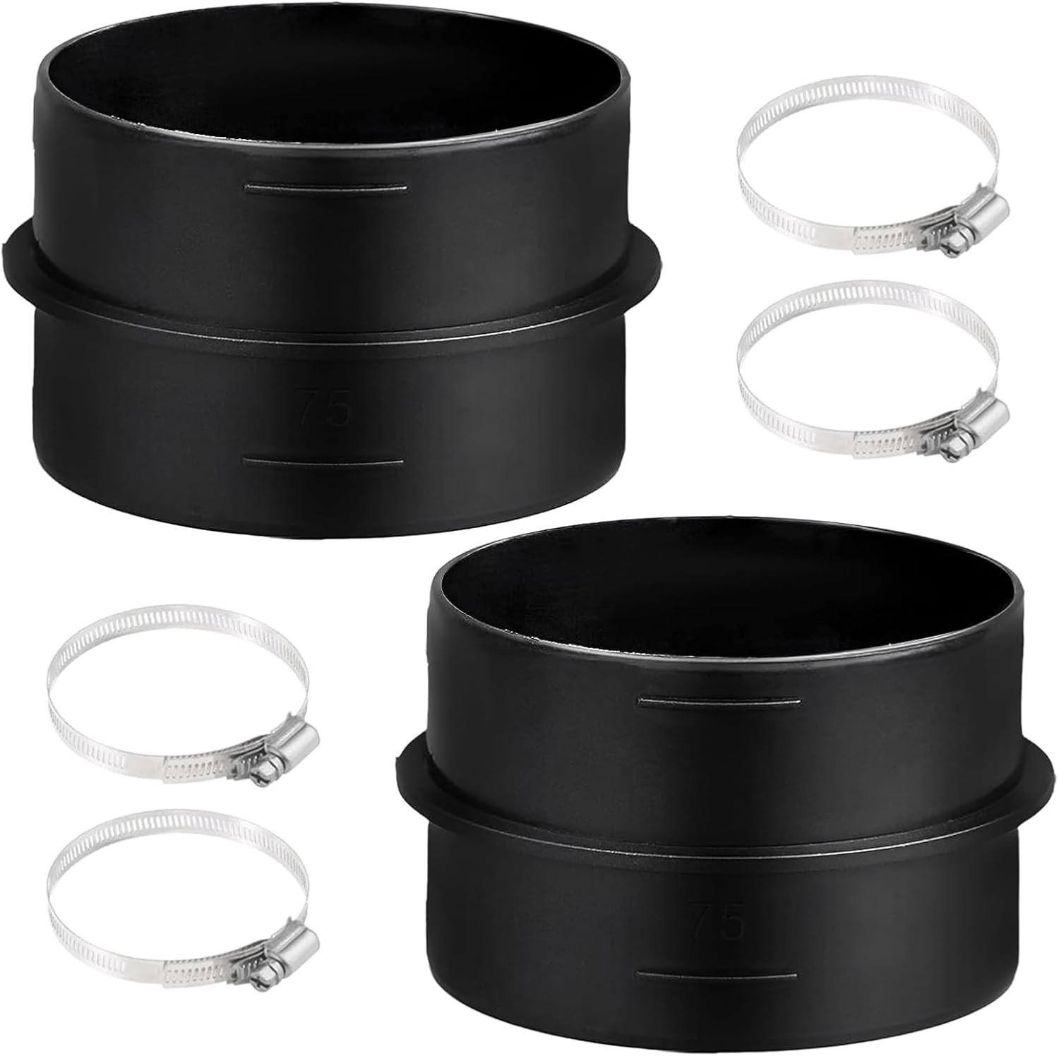 Set Aus 2 Runden 75-mm-fittings Für Lüftungsrohre Mit 4 Edelstahl-schlauchschellen – Zusatzzubehör Für Heizung – Kunststoff – Für Heizungs- Und Lüftungsanwendungen