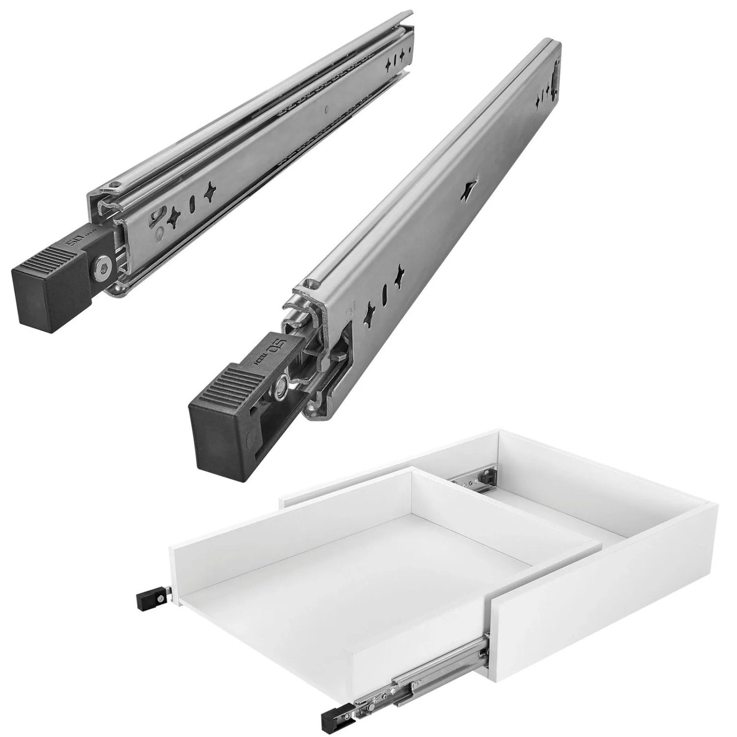 SOTECH Schwerlastauszug VarioSlide KV2-100-H53-L1150-EH 1150 mm Lock In Out Einrastfunktion Schwarzer Hebel Schubladenschiene Belastbar bis 100 Kg