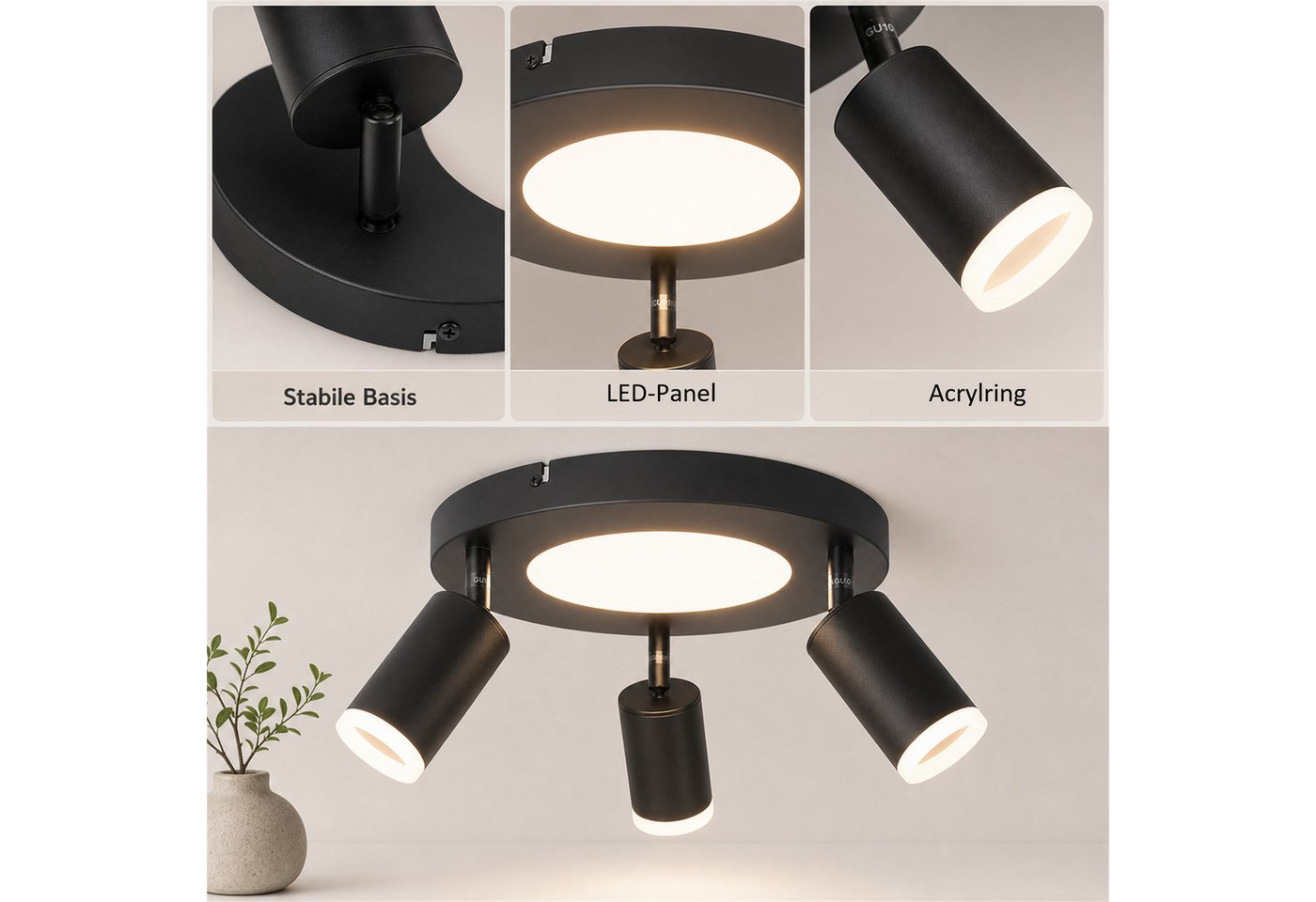 ZMH Deckenstrahler 3 Flammig Schwarz/Weiß GU10 Deckenlampe 20W 3000K für Flur und Küche, Warmweiß
