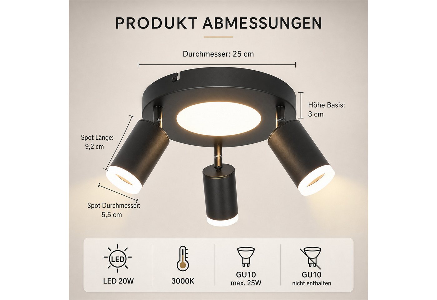 ZMH Deckenstrahler 3 Flammig Schwarz/Weiß GU10 Deckenlampe 20W 3000K für Flur und Küche, Warmweiß Bild 2