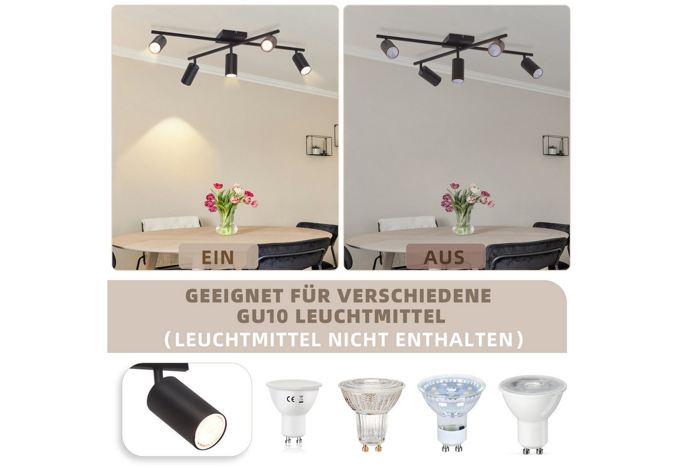 ZMH Deckenstrahler 5 Flammig Schwarz/Weiß GU10 Spots Deckenlampe für Schlafzimmer, ohne Leuchtmittel, Wohnzimmerlampe 350° Schwenkbar Modern Strahler Bild 2