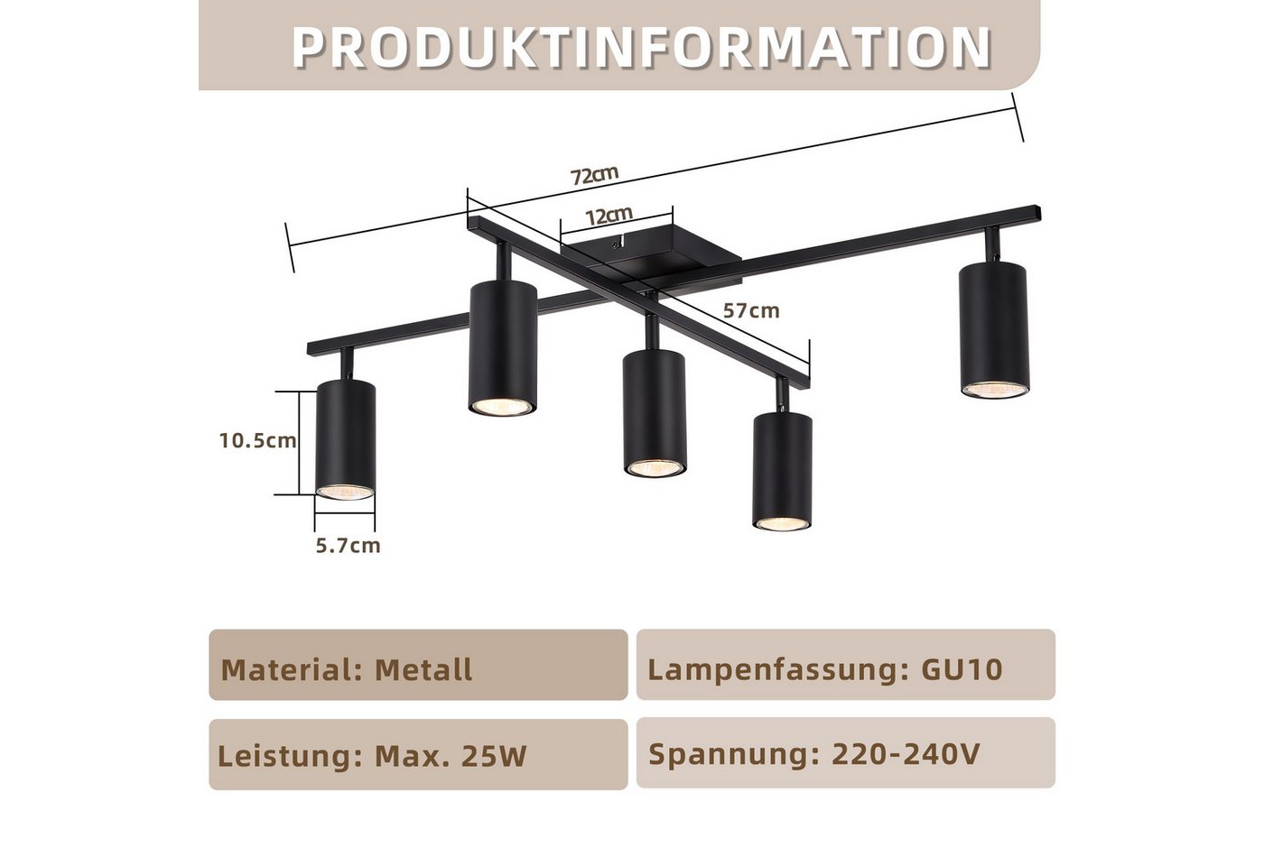 ZMH Deckenstrahler 5 Flammig Schwarz/Weiß GU10 Spots Deckenlampe für Schlafzimmer, ohne Leuchtmittel, Wohnzimmerlampe 350° Schwenkbar Modern Strahler Bild 4