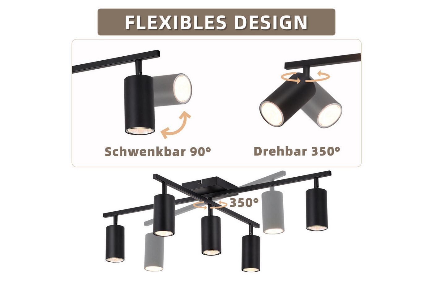 ZMH Deckenstrahler 5 Flammig Schwarz/Weiß GU10 Spots Deckenlampe für Schlafzimmer, ohne Leuchtmittel, Wohnzimmerlampe 350° Schwenkbar Modern Strahler Bild 5