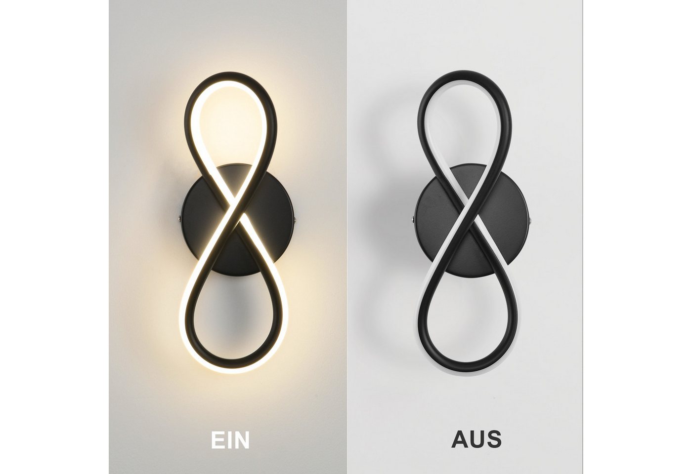 ZMH LED Wandleuchte Innen 8-förmige Modern 7W Wandlampe für Treppenhaus Schlafzimmer, LED fest integriert, Warmweiß, Schwarz 3000K Schlafzimmerlampe Korridor Wohnzimmer