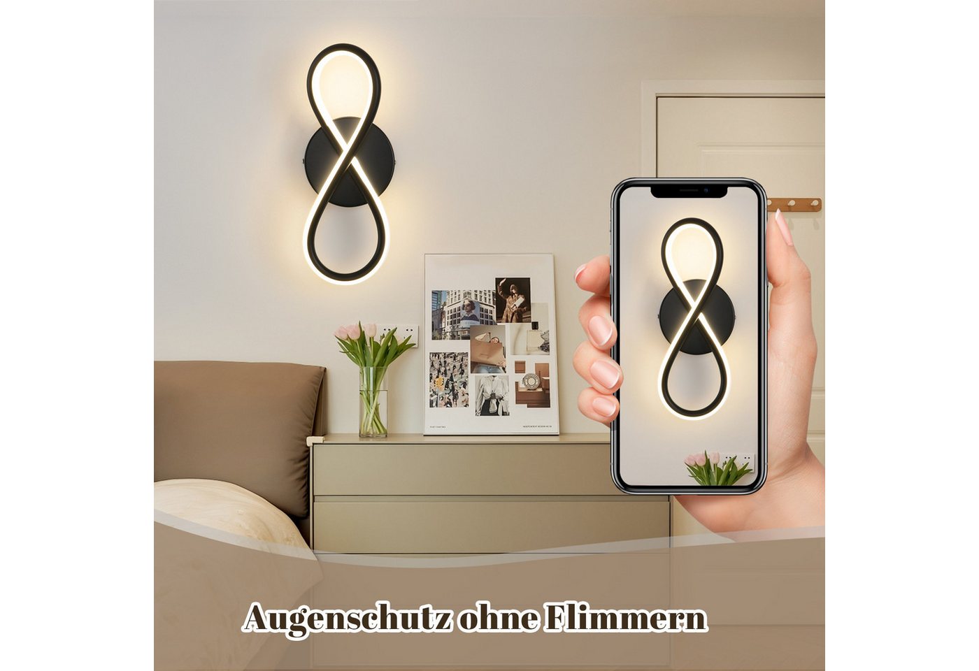 ZMH LED Wandleuchte Innen 8-förmige Modern 7W Wandlampe für Treppenhaus Schlafzimmer, LED fest integriert, Warmweiß, Schwarz 3000K Schlafzimmerlampe Korridor Wohnzimmer Bild 2