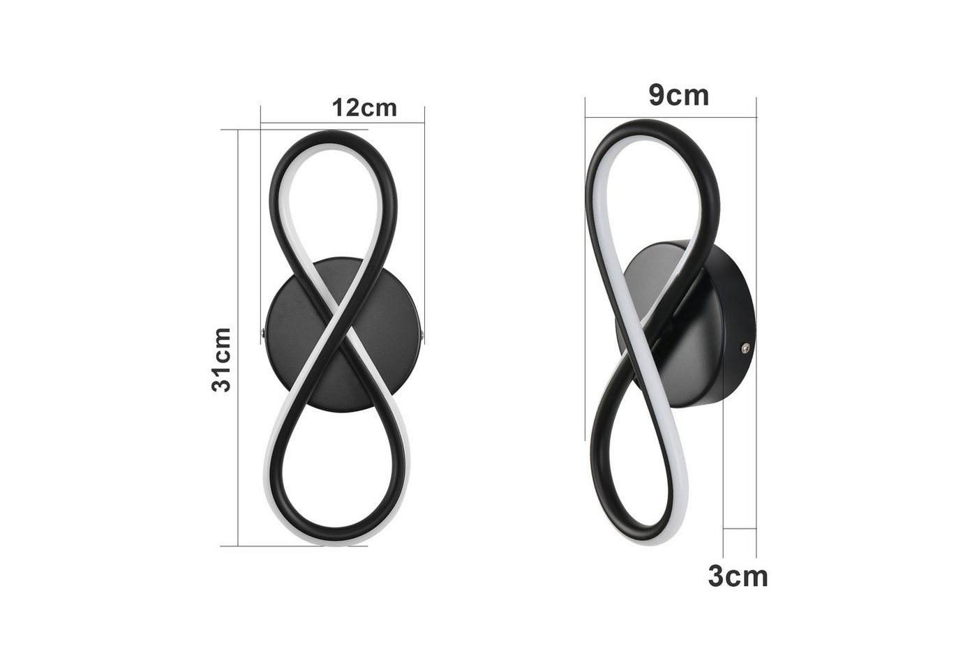 ZMH LED Wandleuchte Innen 8-förmige Modern 7W Wandlampe für Treppenhaus Schlafzimmer, LED fest integriert, Warmweiß, Schwarz 3000K Schlafzimmerlampe Korridor Wohnzimmer Bild 3