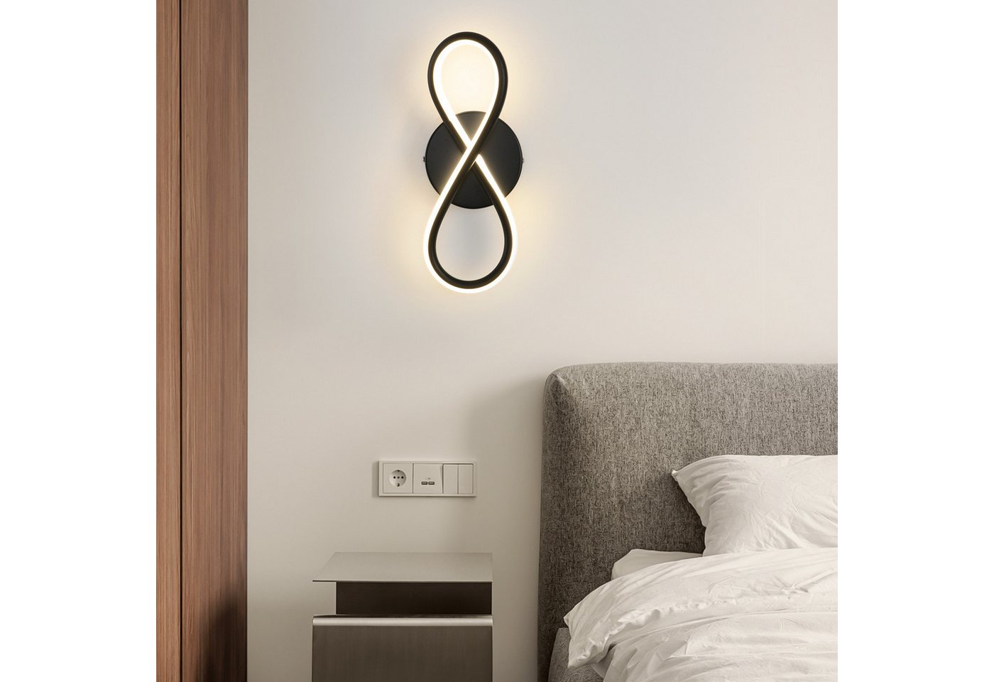 ZMH LED Wandleuchte Innen 8-förmige Modern 7W Wandlampe für Treppenhaus Schlafzimmer, LED fest integriert, Warmweiß, Schwarz 3000K Schlafzimmerlampe Korridor Wohnzimmer Bild 4