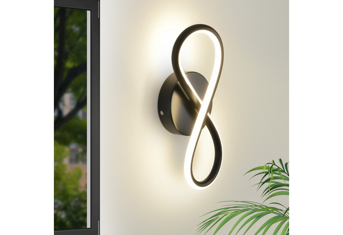 ZMH LED Wandleuchte Innen 8-förmige Modern 7W Wandlampe für Treppenhaus Schlafzimmer, LED fest integriert, Warmweiß, Schwarz 3000K Schlafzimmerlampe Korridor Wohnzimmer Bild 5