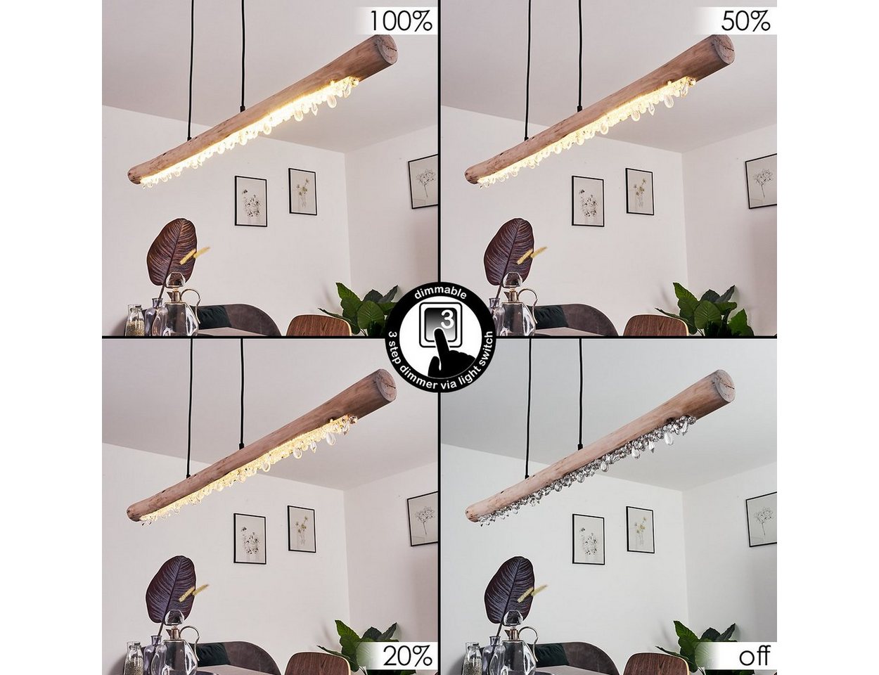 hofstein Pendelleuchte »Lipusa« Hängelampe länglich aus Metall Schwarz und Holz, 3000 Kelvin, 1xLED 20 Watt, 2000 Lumen, über herkömmlichen Lichtschalter dimmbar
