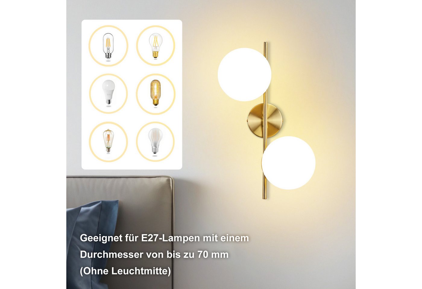 ZMH Wandleuchte Innen Modern Gold Wandlampe Glas Lampenschirm E27 Schlafzimmer Flur, ohne Leuchtmittel