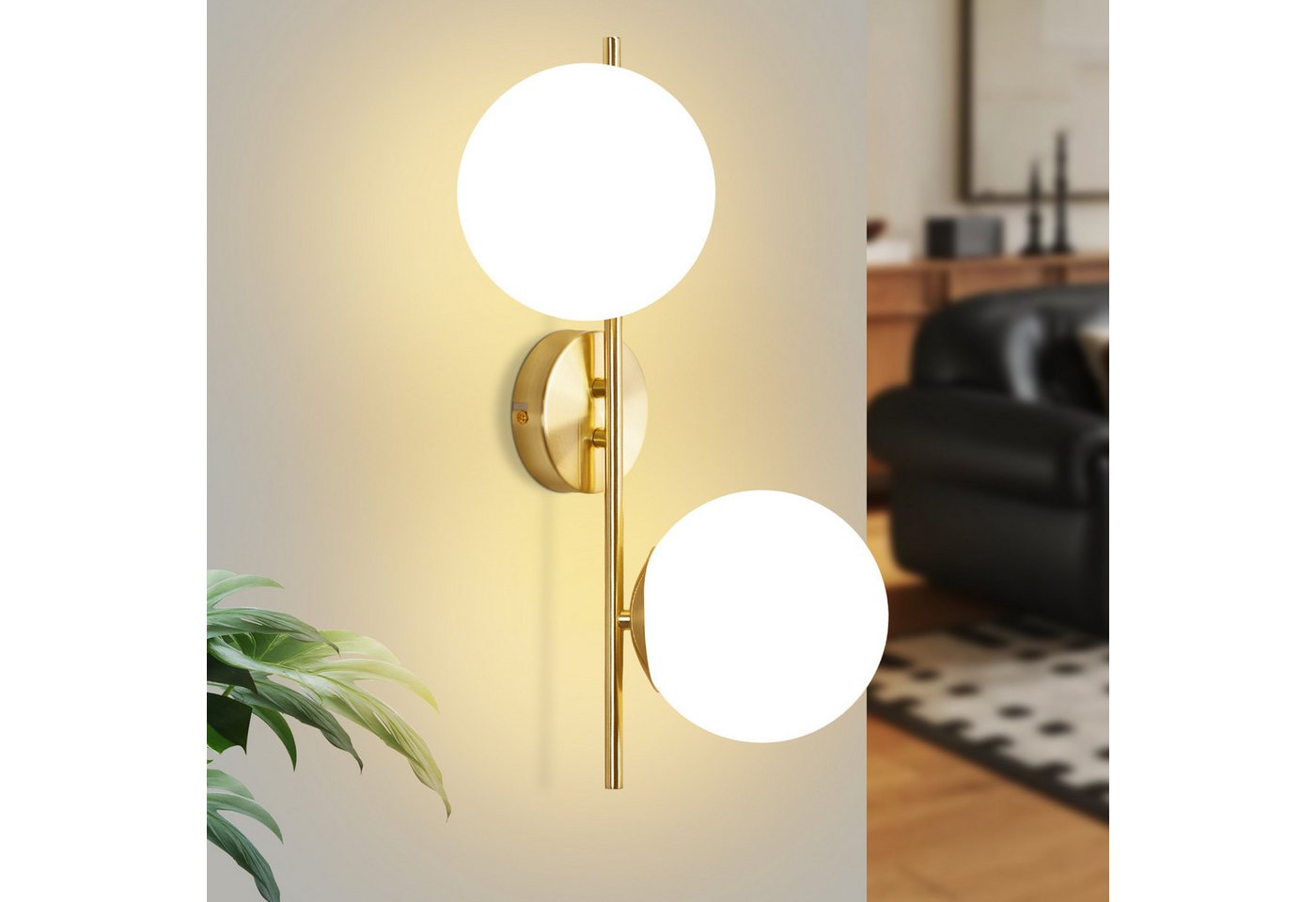 ZMH Wandleuchte Innen Modern Gold Wandlampe Glas Lampenschirm E27 Schlafzimmer Flur, ohne Leuchtmittel Bild 2