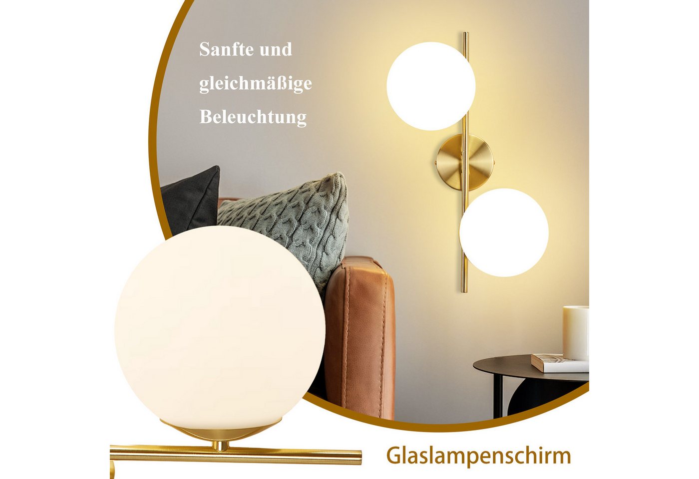 ZMH Wandleuchte Innen Modern Gold Wandlampe Glas Lampenschirm E27 Schlafzimmer Flur, ohne Leuchtmittel Bild 3
