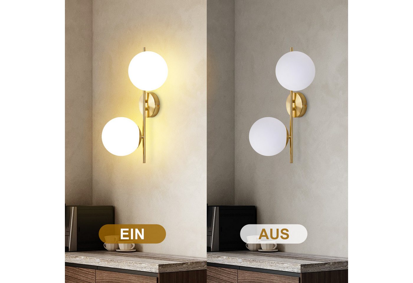 ZMH Wandleuchte Innen Modern Gold Wandlampe Glas Lampenschirm E27 Schlafzimmer Flur, ohne Leuchtmittel Bild 4
